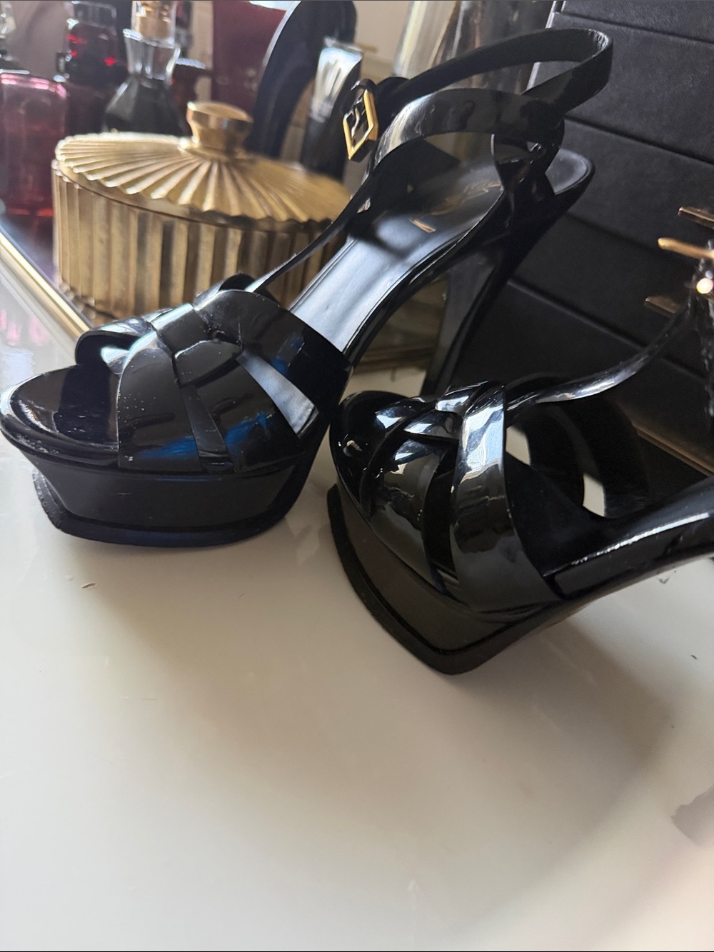 Saint Laurent Black Patent Leather Strappy Stiletto Sandals with Gold Buckle - Picture 2 of 5